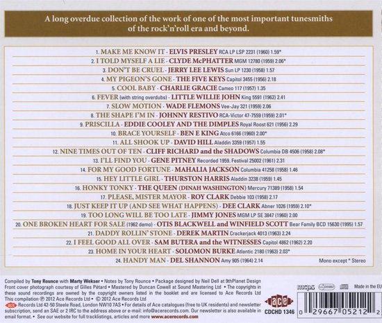Achterkant van een CD met de titel 'A long overdue collection of the work of one of the most important tunesmiths of the rock 'n' roll era and beyond'. Lijst met 24 liedjes en artiesten. ACE Records Ltd. Logo.