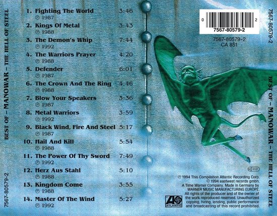 Achterkant albumhoes "Best of MANOWAR: The Hell of Steel" met tracklist en een groene demon met vleugels.