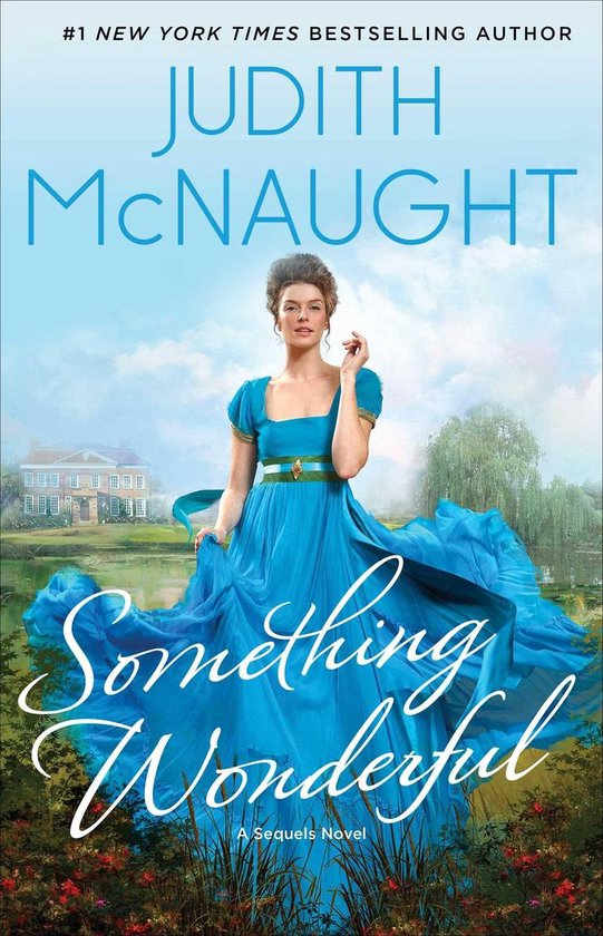 Een vrouw in een blauwe baljurk met een groene riem, met een landhuis en een meer op de achtergrond. Titel: Something Wonderful.