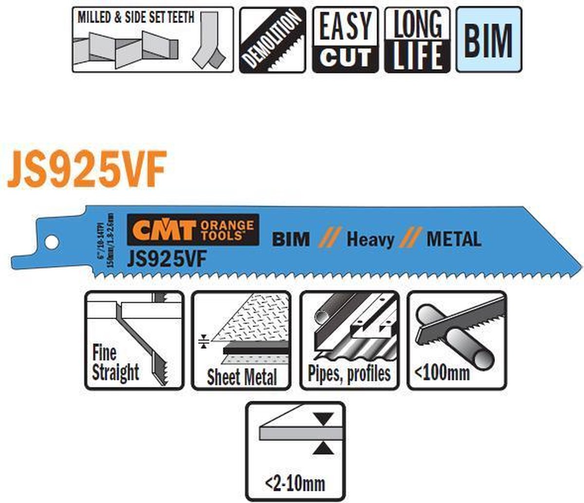 CMT JS925VF-5 Bi-metaal reciprozaagblad 150 x 1,25 mm. 10-14tpi (plaatstaal, buizen/profielen)
