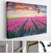 Flowering hyacinth flying on balloon over flower field. Colorful spring sunrise in the countryside - Modern Art Canvas - Horizontal - 592445141 - 115*75 Horizontal