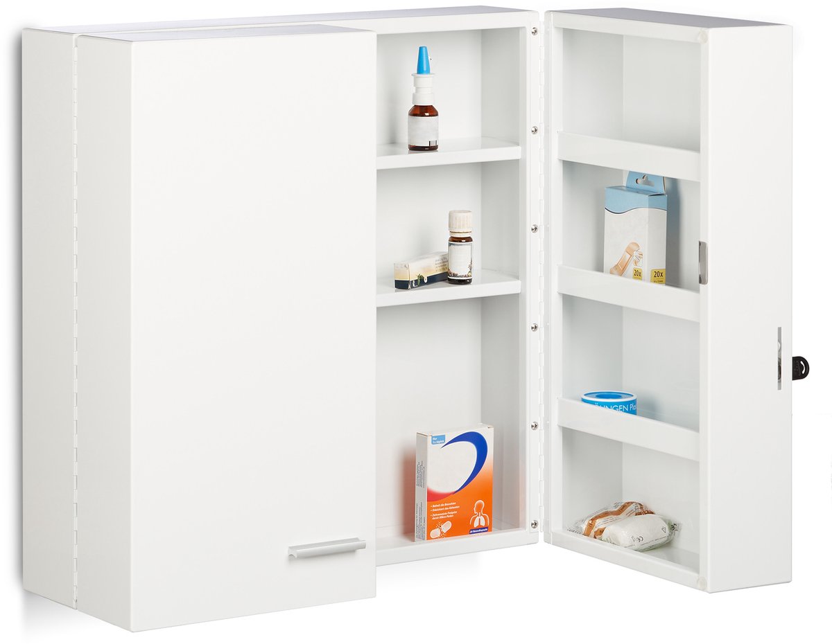 medicijnkast XXL - 11 vakken - afsluitbaar - 2 deuren - metaal - 53 x 53 x 20 cm - wit