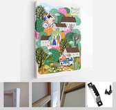 Nature, landscape, family and people. Vector illustration of a house, lake, field, view, village, tree and flowers - Modern Art Canvas - Vertical - 1898633704 - 80*60 Vertical