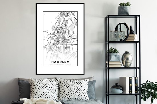 Affiche avec cadre Carte - Haarlem - Zwart - Wit - 80x120 cm