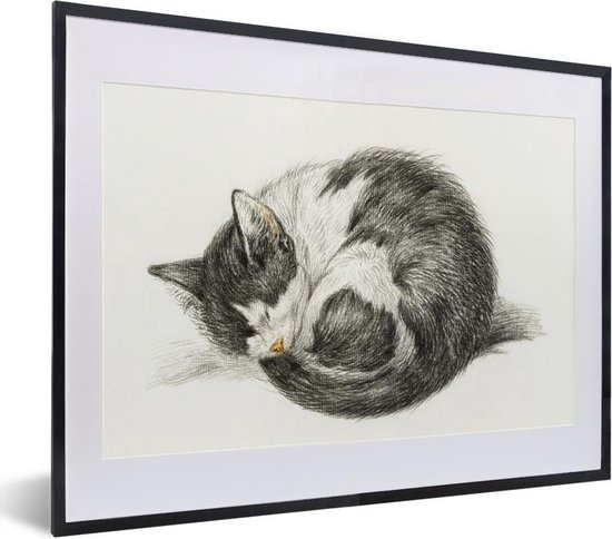 Fotolijst incl. Poster - Opgerolde slapende kat - schilderij van Jean Bernard - 40x30 cm - Posterlijst
