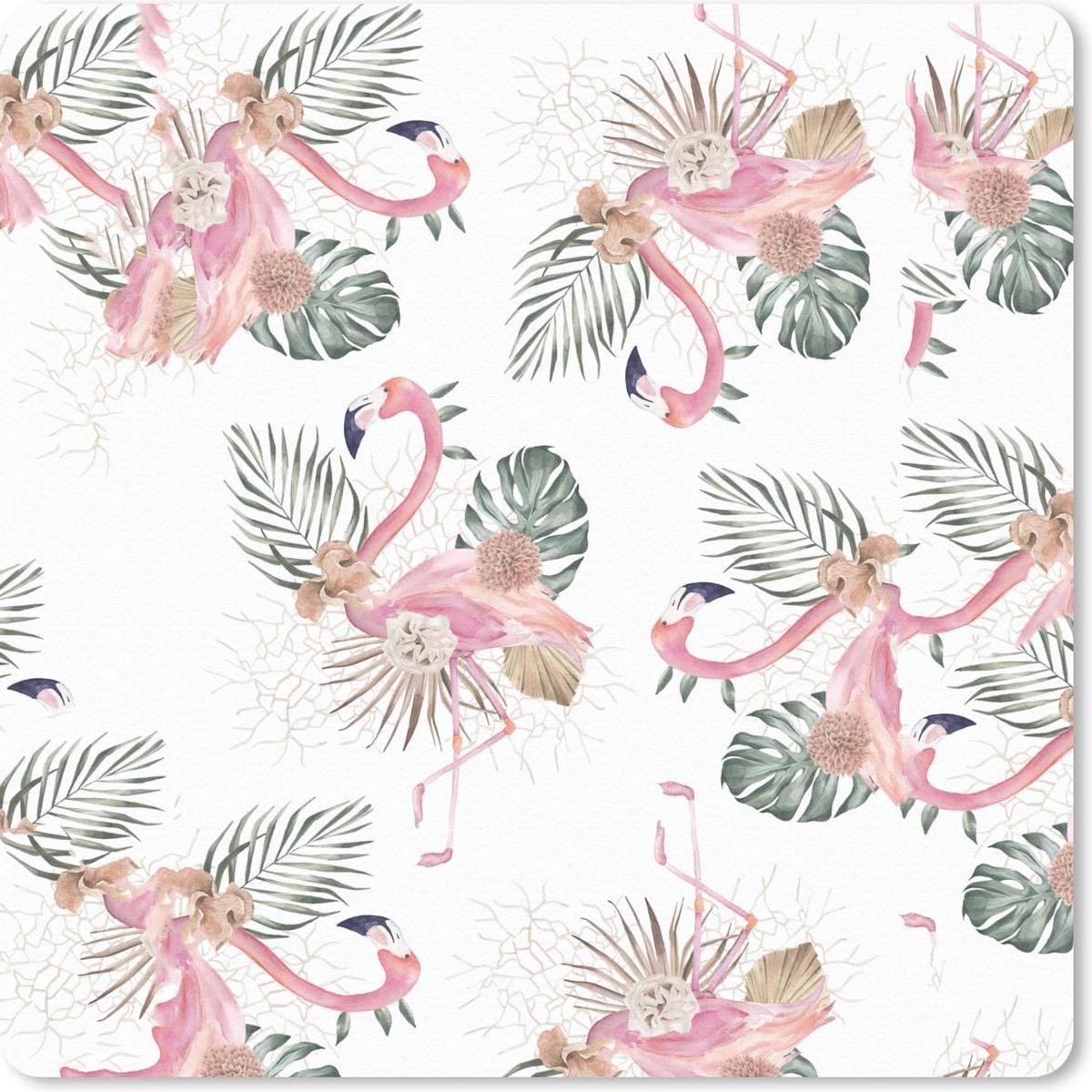 Muismat 20x20 cm - Mousepad Flamingo - Bloemen - Bladeren - Patronen - Muismatten