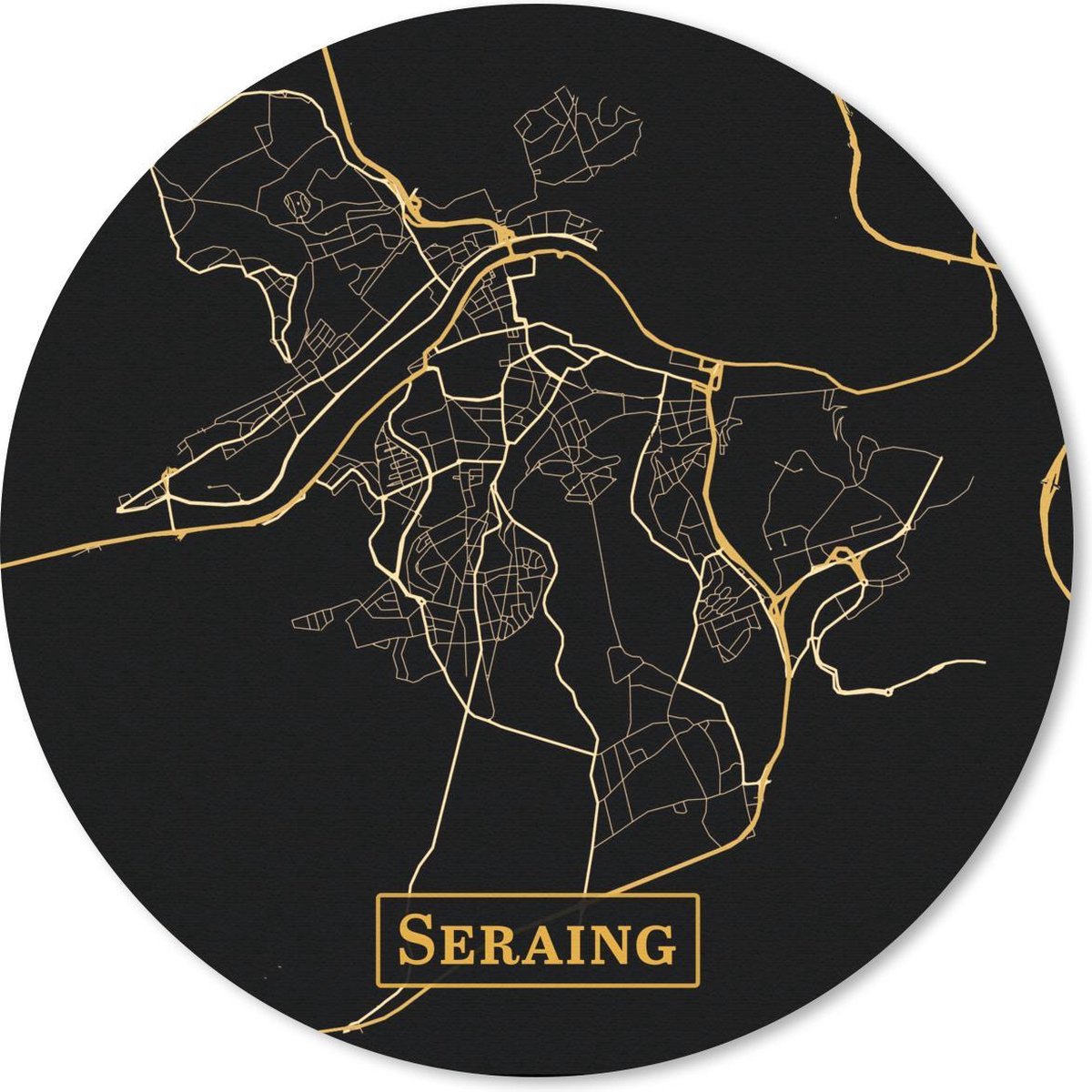Muismat rond 20x20 cm - Mousepad Kaart - Seraing - Simpel - Goud - Zwart - Ronde muismatten