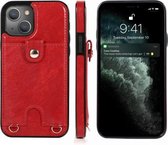 Schokbestendig PU-leer + TPU-beschermhoes met kaartsleuf en lanyard voor iPhone 13 mini (rood)