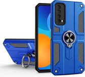 Voor Huawei Y7a koolstofvezelpatroon pc + TPU-beschermhoes met ringhouder (donkerblauw)