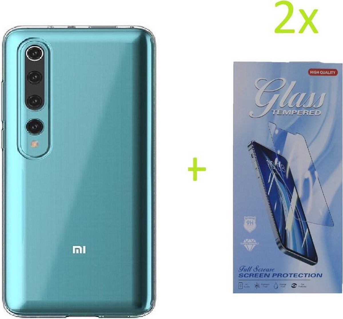 Hoesje Geschikt voor: Xiaomi Mi 10 Lite Transparant TPU Silicone Soft Case + 2X Tempered Glass Screenprotector