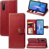Voor Sony Xperia 10 III Effen Kleur Lederen Gesp Telefoon Case met Lanyard & Fotolijst & Kaartsleuf & Portemonnee & Stand Functie (Rood)
