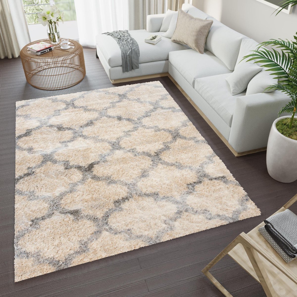 Tapiso Versay Vloerkleed Hoogpolig Shaggy Woonkamer Tapijten Maat- 140x200 Beige1