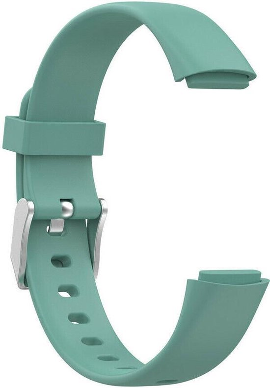 Groen siliconen smartwatchbandje met zilverkleurige gesp en verstelbare gaatjes.