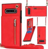 Voor Samsung Galaxy S10 Cross-body Rits Vierkante TPU + PU Achterkant Case met Houder & Kaartsleuven & Portemonnee & Riem (Rood)