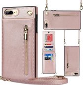 Cross-body Rits Vierkante TPU + PU Achterkant Case met Houder & Kaartsleuven & Portemonnee & Riem voor iPhone 8 Plus/7 Plus (Rose Gold)