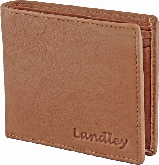 Bruine leren portemonnee met Landley logo, opengewerkt.