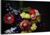 Schilderij -Stilleven met Bloemen op donkere achtergrond, 100x70cm, wanddecoratie