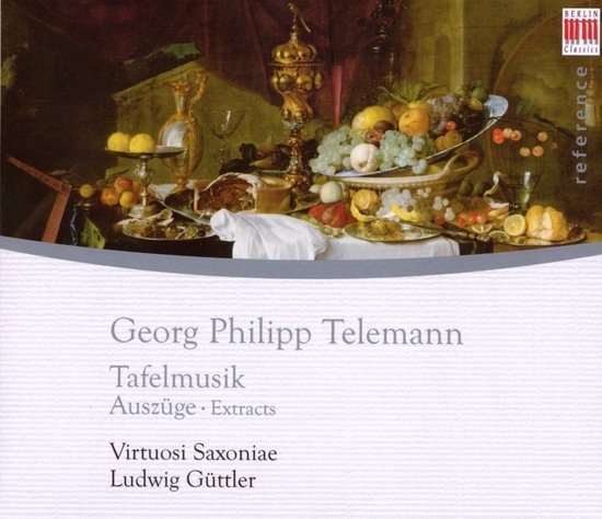 Een gedekte tafel vol fruit en vlees met de tekst Georg Philipp Telemann Tafelmusik Auszüge Extracts