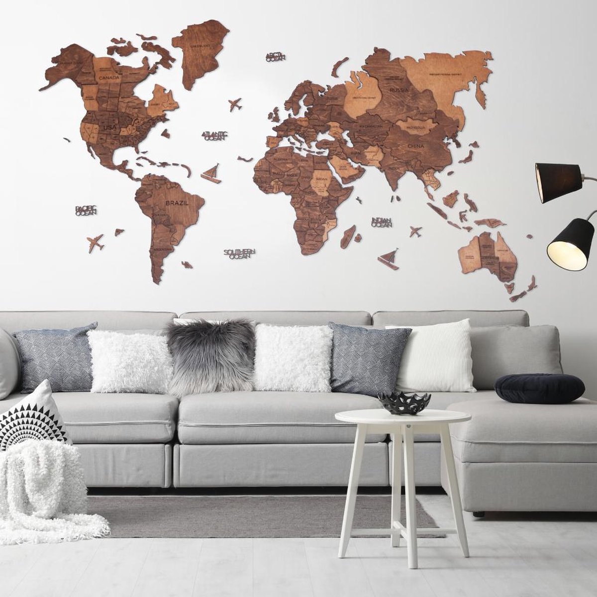 Carte du monde en bois - décoration murale 3D Naturel