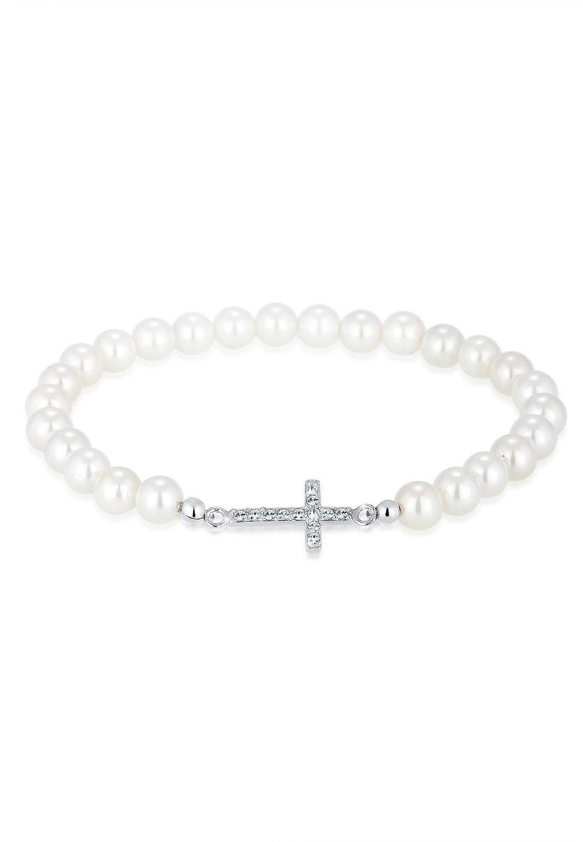 Elli - Armband - Dames Kruis Elegant met Schelpkern Kralen en Kristallen in 925 Sterling Zilver - Dames