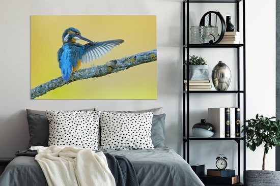 Canvas schilderij 140x90 cm - Wanddecoratie IJsvogel - Tak - Blauw - Muurdecoratie woonkamer - Slaapkamer decoratie - Kamer accessoires - Schilderijen