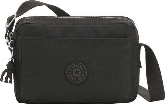 Zwarte Kipling schoudertas met voorvak en apen-sleutelhanger.