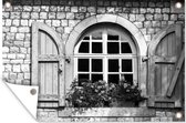 Tuinposter - Tuindoek - Tuinposters buiten - Stenen raam met bloemen - zwart wit - 120x80 cm - Tuin