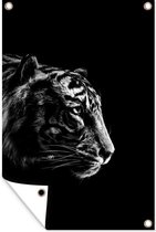 Tuinposter - Tuindoek - Tuinposters buiten - Kop van een tijger op een zwarte achtergrond - zwart wit - 80x120 cm - Tuin