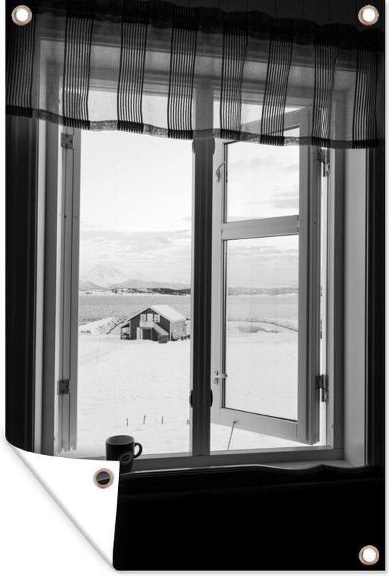 Uitzicht op een sneeuwlandschap - zwart wit - Tuindoek