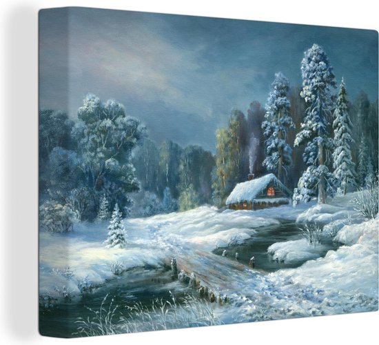 Toile Peinture Hiver - Maison - Forêt - 80x60 cm - Décoration murale