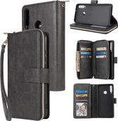 Voor Huawei P40 Lite E Rits Portemonnee Tas Horizontale Flip PU Lederen Case met Houder & 9 Kaartsleuven & Portemonnee & Lanyard & Fotolijst (Zwart)