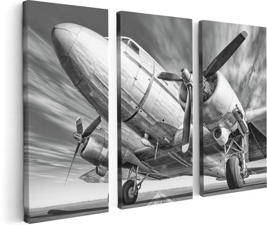 Artaza Canvas Schilderij Drieluik Oud Vliegtuig Op De Landingsbaan - 120x80 - Foto Op Canvas - Canvas Print