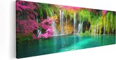 Artaza Canvas Schilderij Waterval Met Roze En Groene Bloemen - 90x30 - Foto Op Canvas - Canvas Print