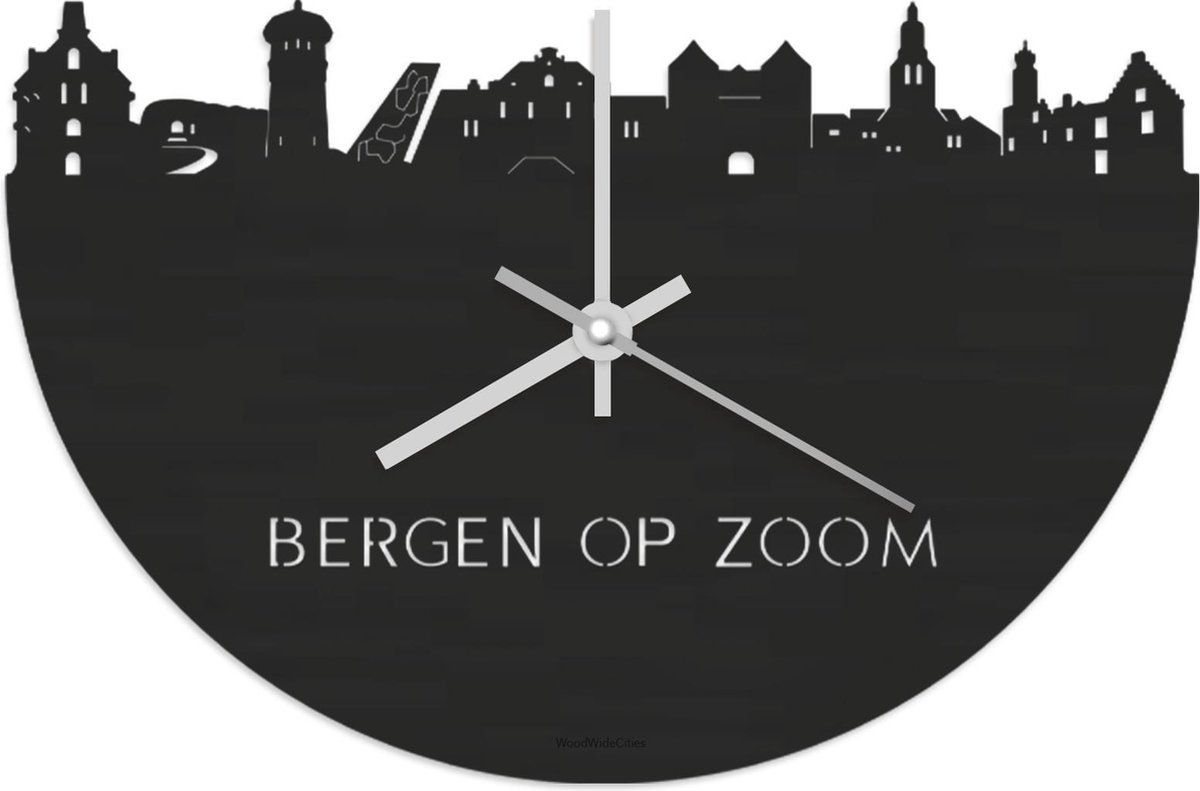 Skyline Klok Bergen op Zoom Zwart hout - Ø 40 cm - Stil uurwerk - Wanddecoratie - Meer steden beschikbaar - Woonkamer idee - Woondecoratie - City Art - Steden kunst - Cadeau voor hem - Cadeau voor haar - Jubileum - Trouwerij - Housewarming -