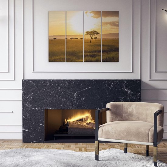 Artaza - Quadriptyque de peinture sur toile - Coucher de soleil dans la savane - 80x60 - Photo sur toile - Impression sur toile