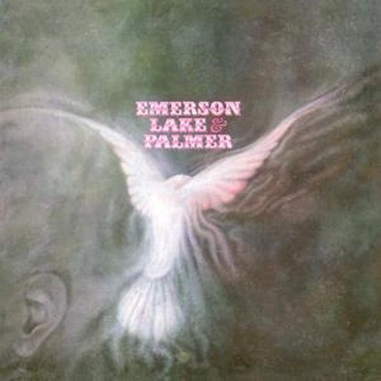Een witte duif met gespreide vleugels, tegen een donkere achtergrond. De tekst "EMERSON LAKE & PALMER" staat in roze letters erboven.