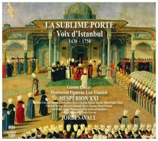 Een schilderij van een hofceremonie in een Ottomaans paleis met veel mensen in traditionele kledij.