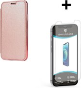 ShieldCase gegalvaniseerde flipcase geschikt voor Apple iPhone 12 / 12 Pro - 6.1 inch - roze + glazen Screen Protector - Bookcase met pasjeshouder - Pashouder hoesje siliconen / leer - Shockproof beschermhoesje - Shock proof case + glas