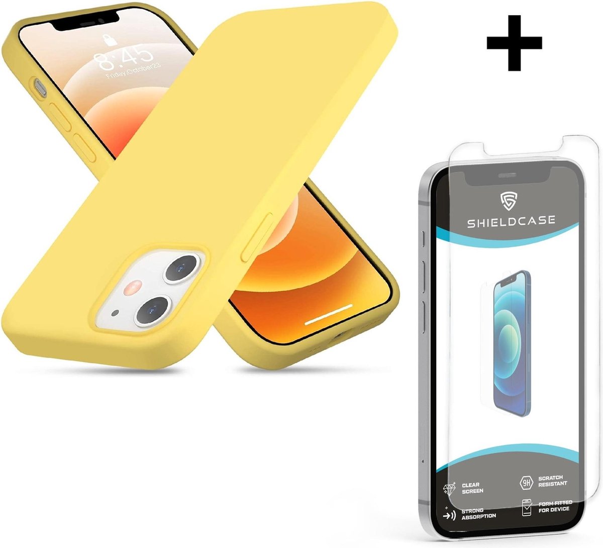 ShieldCase Silicone case geschikt voor Apple iPhone 12 / 12 Pro - 6.1 inch - geel + glazen Screen Protector