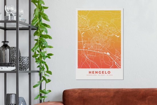 Canvas Schilderij Stadskaart - Hengelo - Geel - Nederland - 60x90 cm - Wanddecoratie