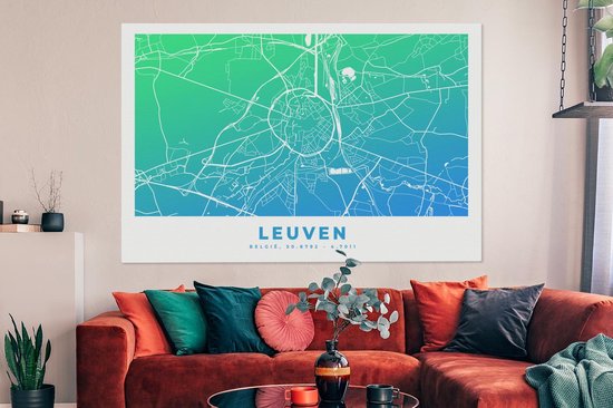 Tableau sur toile Carte de ville - Louvain - Blauw - België - 180x120 cm - Décoration murale XXL