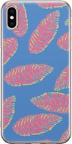 Apple iPhone XS Max Telefoonhoesje - Transparant Siliconenhoesje - Flexibel - Met Plantenprint - Tropische Blaadjes - Donkerblauw