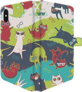 Apple iPhone XS Max Telefoonhoesje - Portemonneehoesje  - Met pasjeshouder - Met Dierenprint - Kat - Groen