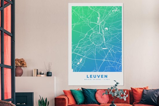 Tableau sur Toile City Map - Louvain - Blauw - Vert - 120x180 cm - Décoration murale XXL - Carte