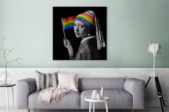 Canvas Schilderij Meisje met de parel - Pride Vlag - Regenboog - 90x90 cm - Wanddecoratie