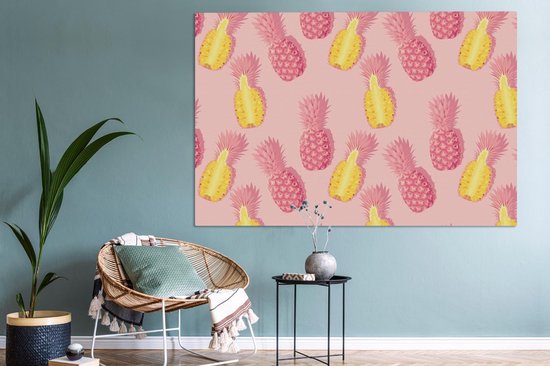 Canvas schilderij 150x100 cm - Wanddecoratie Zomer - Ananassen - Geel - Roze - Muurdecoratie woonkamer - Slaapkamer decoratie - Kamer accessoires - Schilderijen