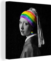 Canvas Schilderij Meisje met de parel - Vermeer - Regenboog - 90x90 cm - Wanddecoratie