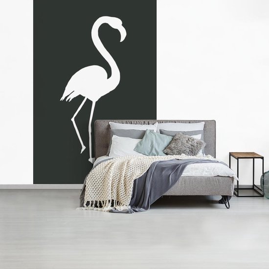 Silhouette Wit d'un flamant rose sur fond gris foncé 195x300 cm