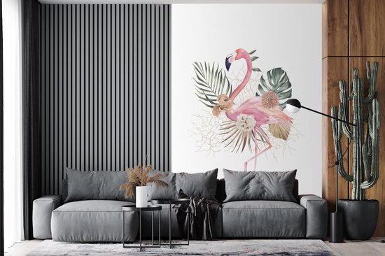 Flamingo et fleurs sur fond blanc 170x260 cm