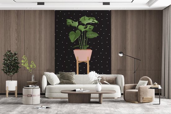 Illustration d'une plant Monstera sur fond noir à pois blancs 200x300 cm